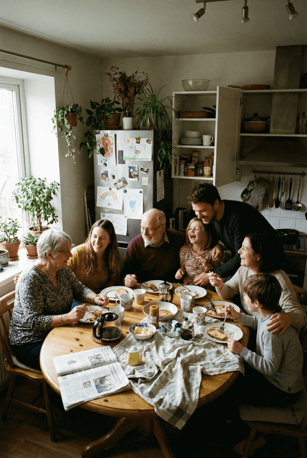 Family gathering at kitchen table